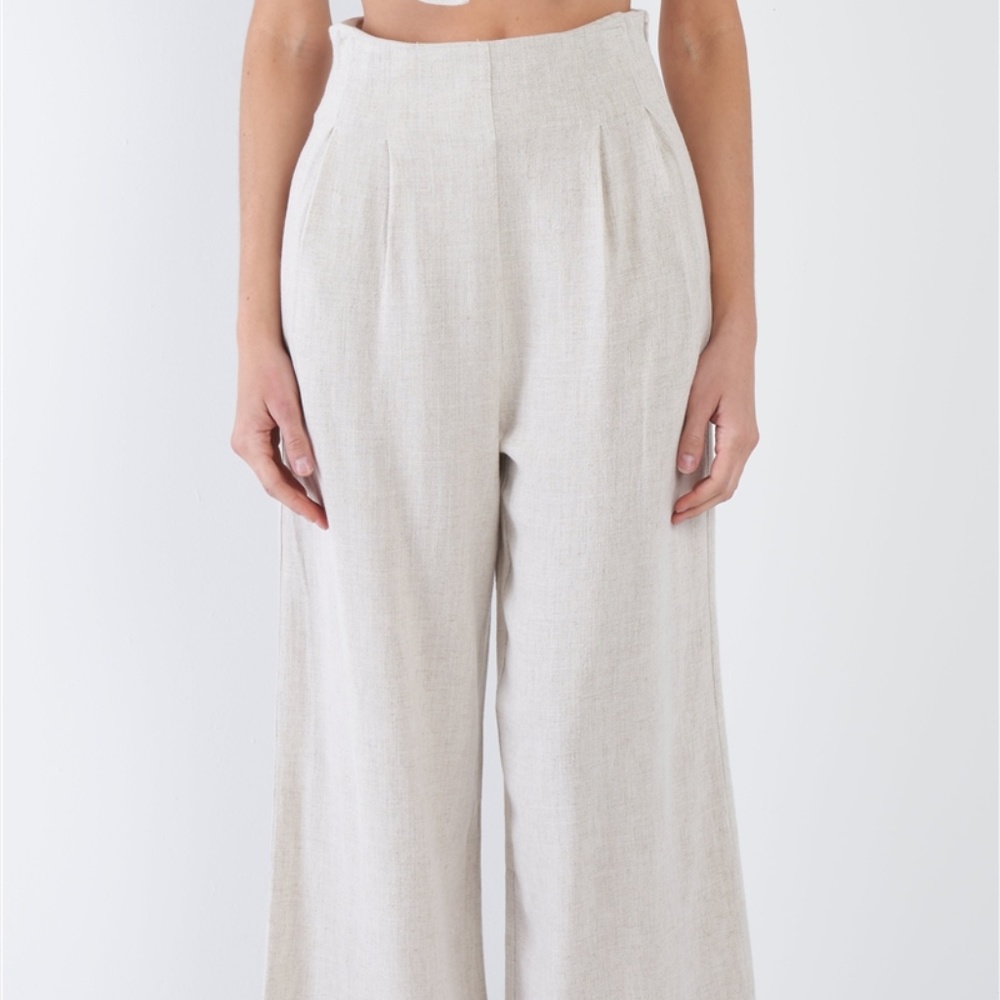 Oatmeal Beige Wide Leg Ankle High Waist Pant - Picture 4 of 10